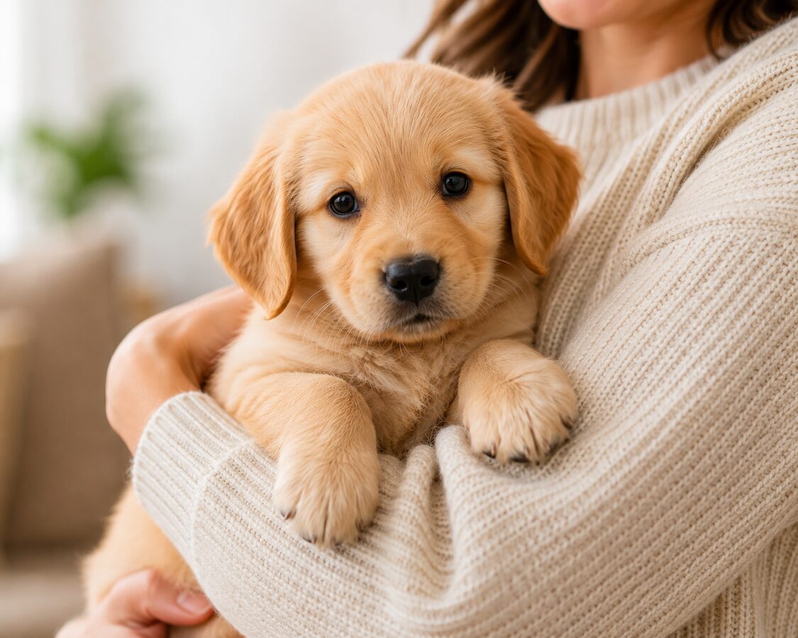 Responsible prospective owner meeting a puppy before purchase